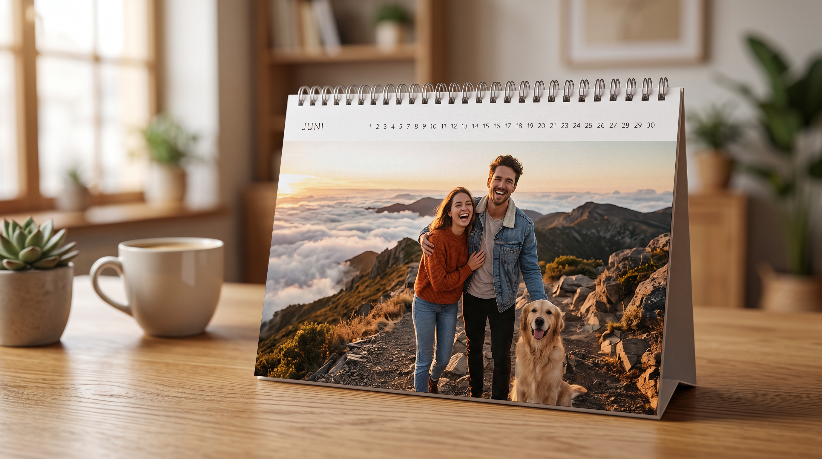 aiPrints Tischkalender auf einem Schreibtisch, das Motiv zeigt ein Paar mit Hund auf einem Berggipfel im warmen Licht