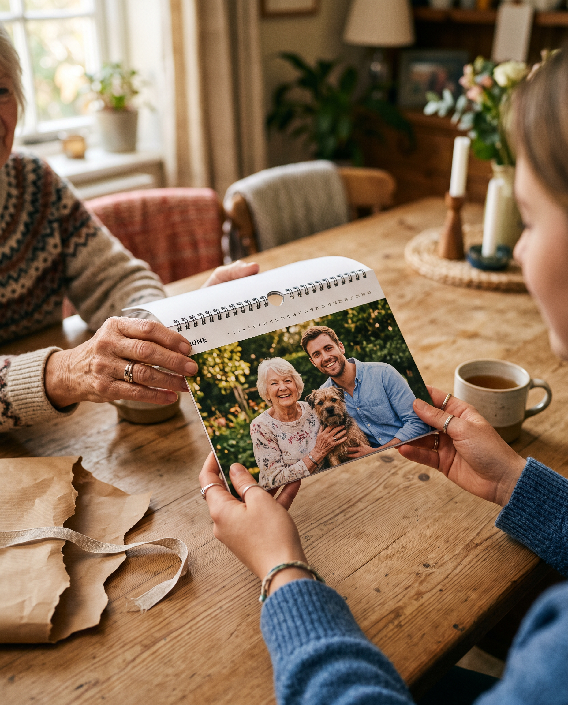 Hände übergeben einen aufgeschlagenen aiPrints Kalender mit einem erfundenen Familienfoto, daneben Geschenkpapier und eine Tasse Tee