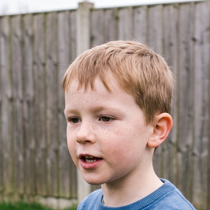 Alltagsfoto: ein Junge allein im Garten mit einem Stock in der Hand