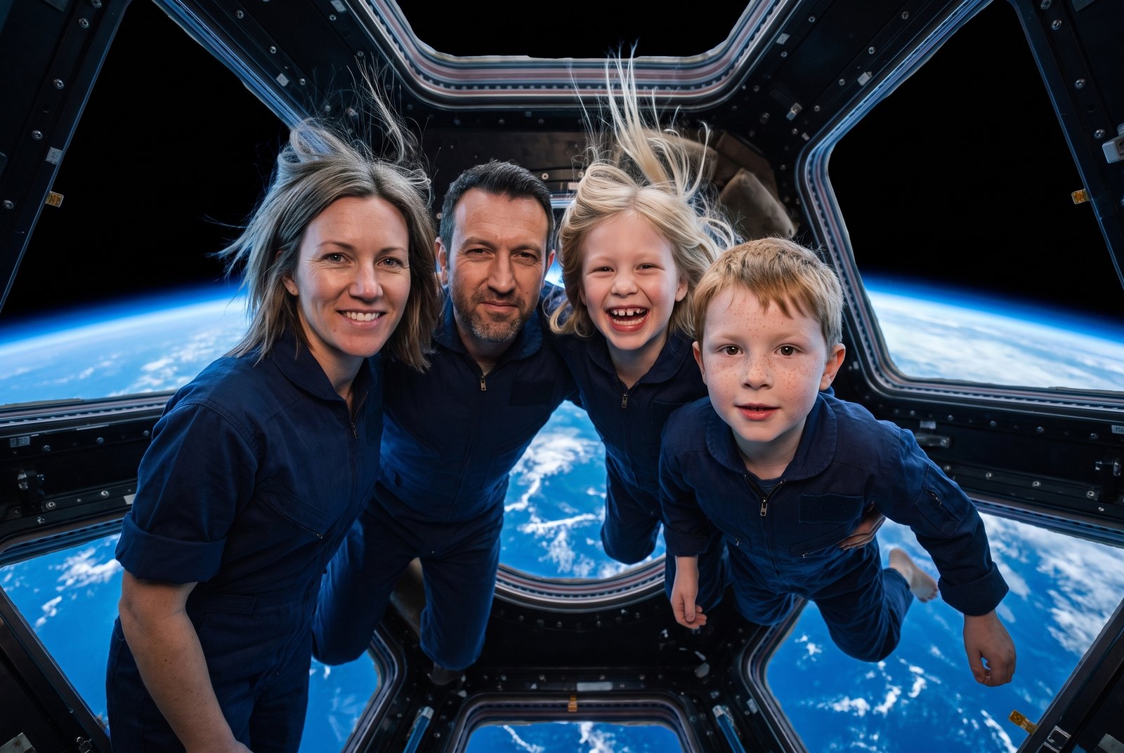 Fotorealistisches Kalendermotiv: dieselbe vierköpfige Familie schwebt in der Aussichtskuppel einer Raumstation, hinter ihnen die blaue Erde