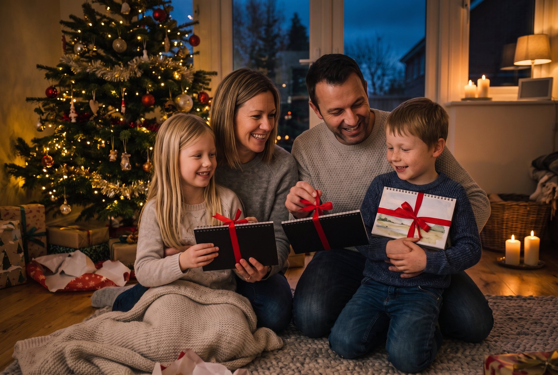 Heiligabend im Wohnzimmer: eine vierköpfige Familie sitzt vor dem beleuchteten Weihnachtsbaum und packt Tischkalender mit roter Schleife aus